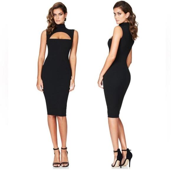 Nookie Manhattan Cutout Chest High Neck Bodycon Midi Dress in Black Sz M NEW - Picture 1 of 7